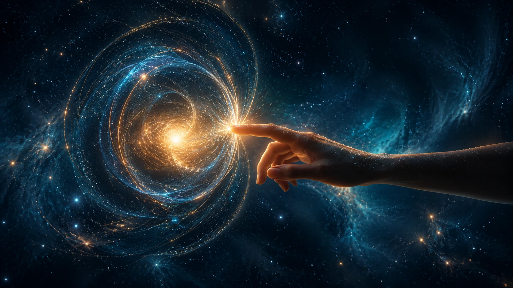 A fingertip touches luminous threads of energy against a cosmic backdrop
