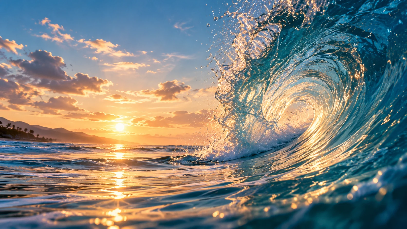 An ocean wave curls toward the golden light of sunset