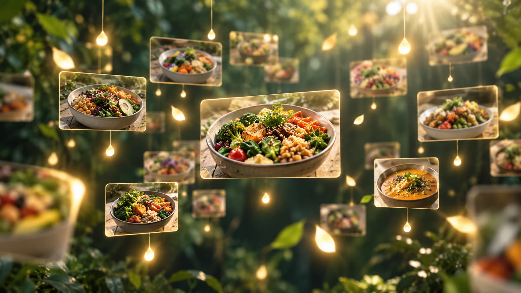 Floating images of colorful plant-based meals surrounded by gentle golden light